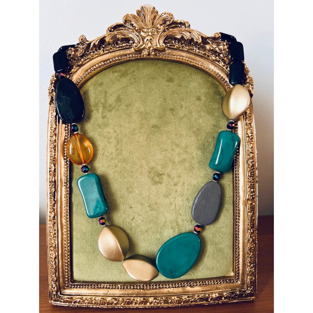 Vintage Chunky Statement Necklace Tagua Nut Glass Green Gold Black Boho Jewelry